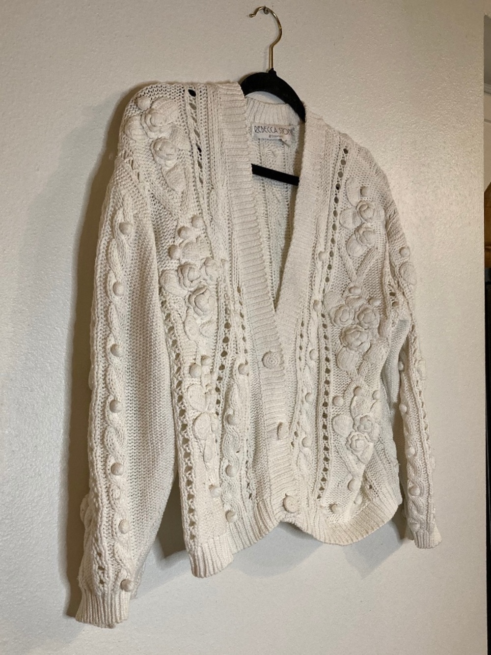 vintage chunky knit floral button front cotton cardigan sweater